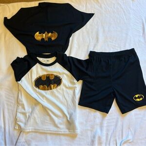 GAP Kids Black and White Batman Pajama Set with Gold Emblem and attached Cape